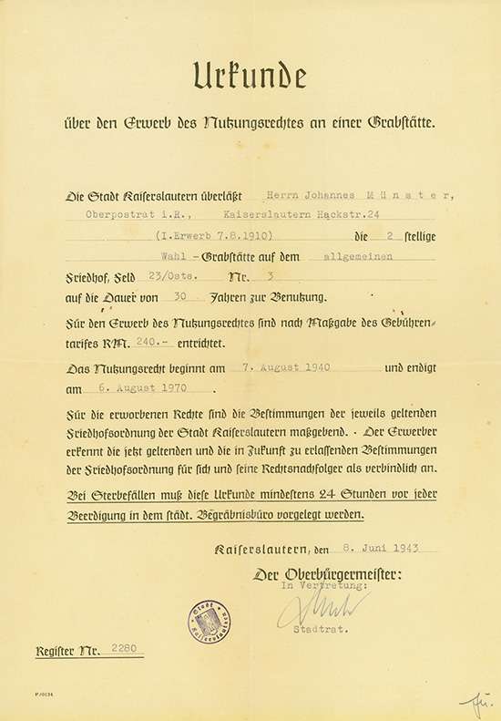 Stadt Kaiserslautern: Grabstätte-Urkunde