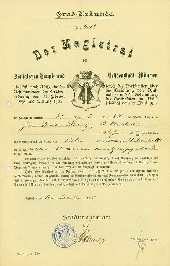 Stadtmagistrat München: Grab-Urkunde