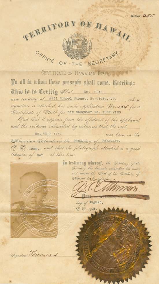 Territory of Hawaii - Birth Certficate Ng Tuse Ying