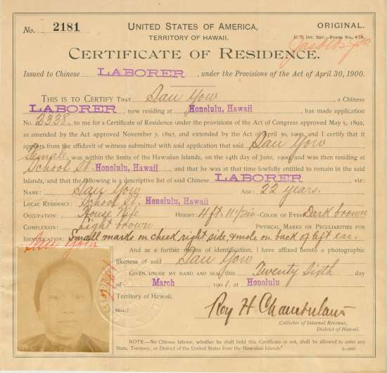United States of America, Territory of Hawaii - Certficate of Residence Lau Yow